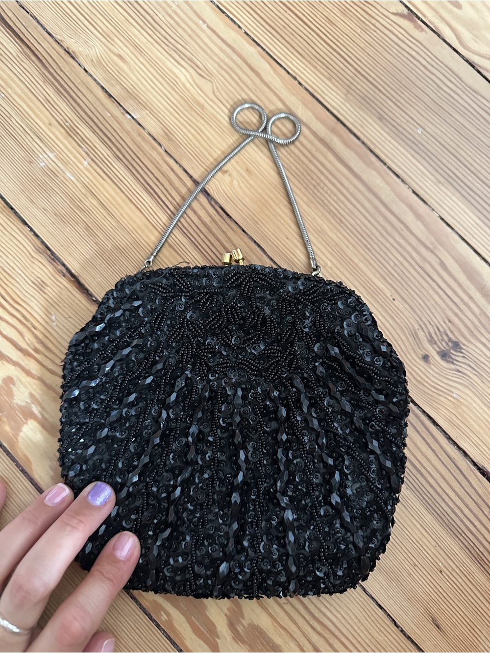 VINTAGE Hand beaded black clutch gold clasp contrasting silver chain Hong Kong